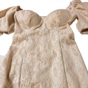 Haute Monde Bodycon Gold w/Cream Lace Dress Puffed Sleeves